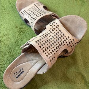Clarks Women's Beige Laser-Cut Slide Mules